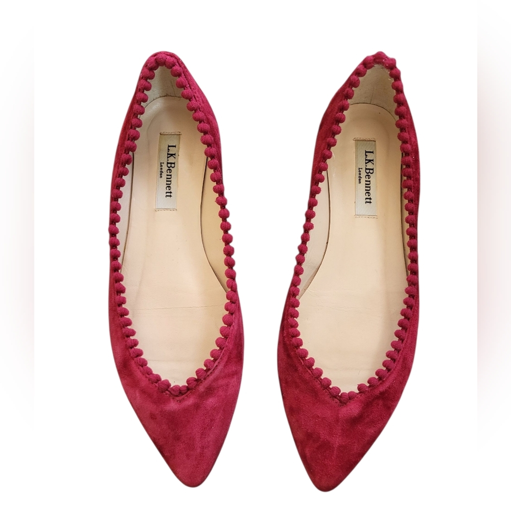L.K. Bennett Florence Pom Pom Flats - Size 36, Burgundy Red